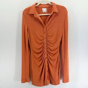 With Jean Andy Dress Orange Long Sleeve Button Up Ruched Mini Dress Small